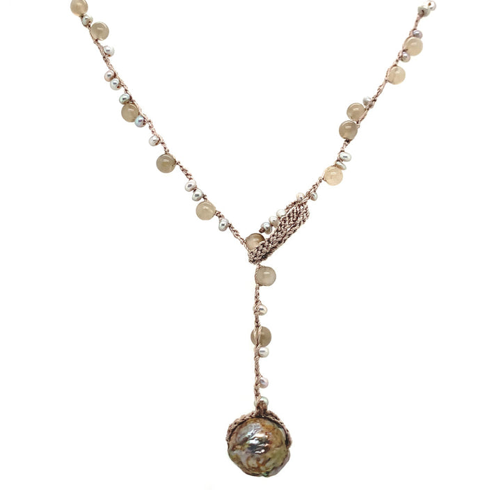 Labradorite & Pearl Crocheted Necklace - "Lacy Grey"