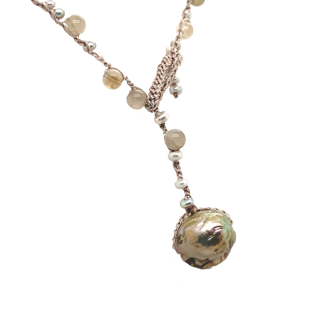Labradorite & Pearl Crocheted Necklace - "Lacy Grey"
