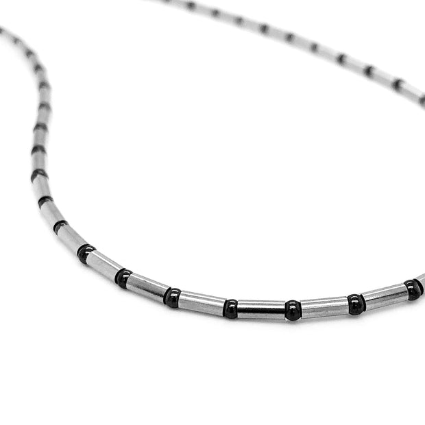 Black Onyx and Stainless Steel Beaded Necklace