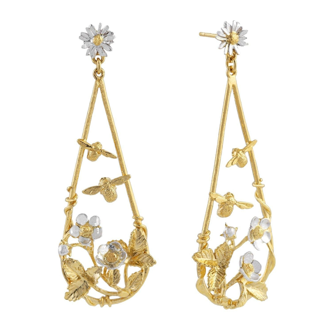 Botanical strawberry patch earrings with gold vermeil bee detail