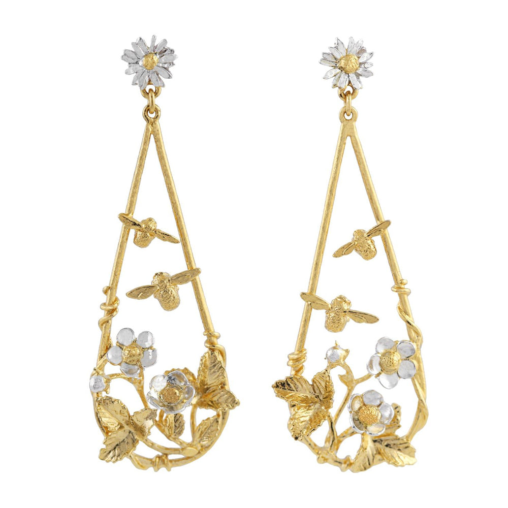 Strawberry and bee drop earrings by Alex Monroe in sterling silver