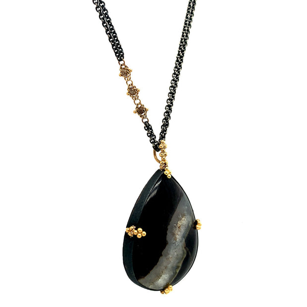 Black Agate Druzy Necklace - "Milky Way"