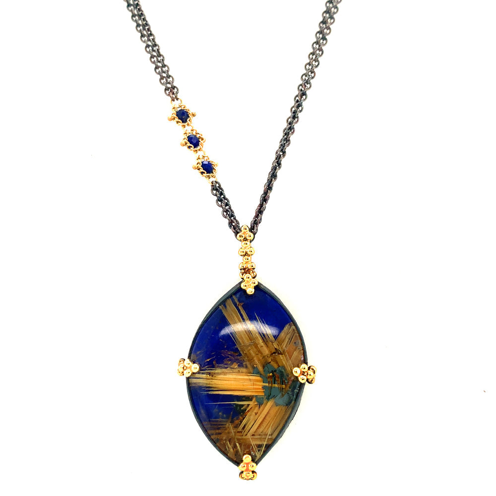 Lapis gold rutilated quartz hot statement necklace, gemstone beaded jewelry, contemporary style,yellow gold