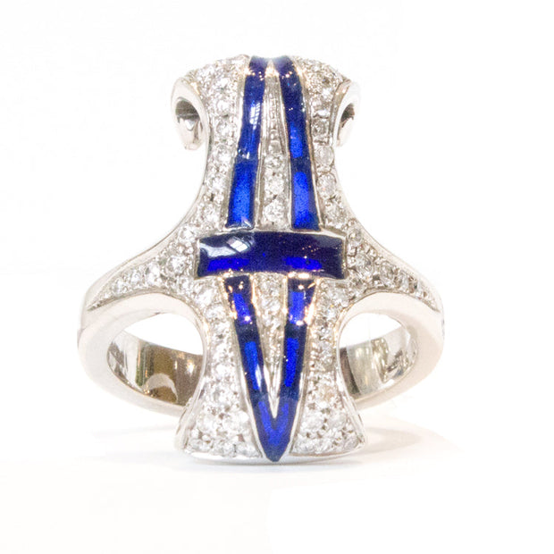 Masriera Art Deco Diamond Ring with Blue Enamel
