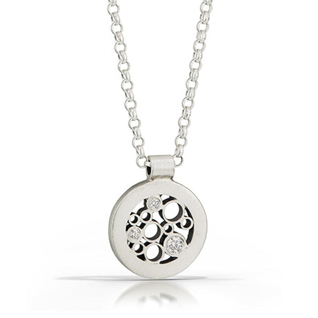 Brushed sterling silver and diamond modern circle pendant necklace