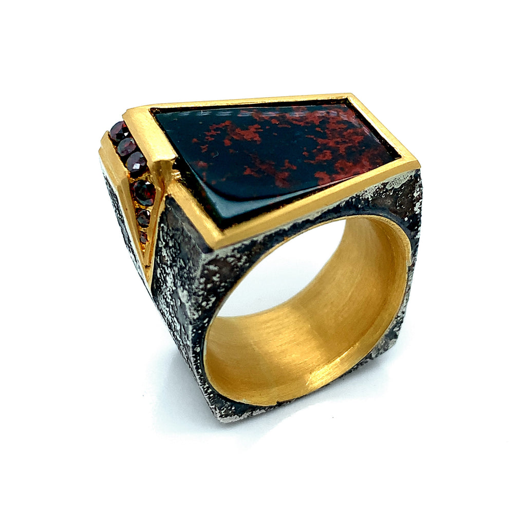 Antique bloodstone signet ring with an intaglio of a stag