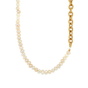 24K Yellow Gold Plated Textured Chain and Pearl Necklace - "Charly"