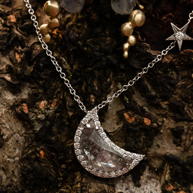 Salt & Pepper Diamond Necklace - "Crescent Moon & Star"