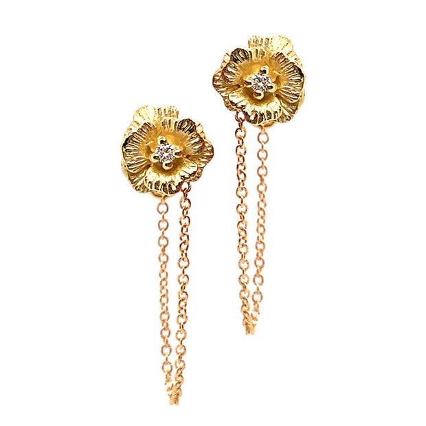 Gold Poppy Floral Earrings with Diamonds