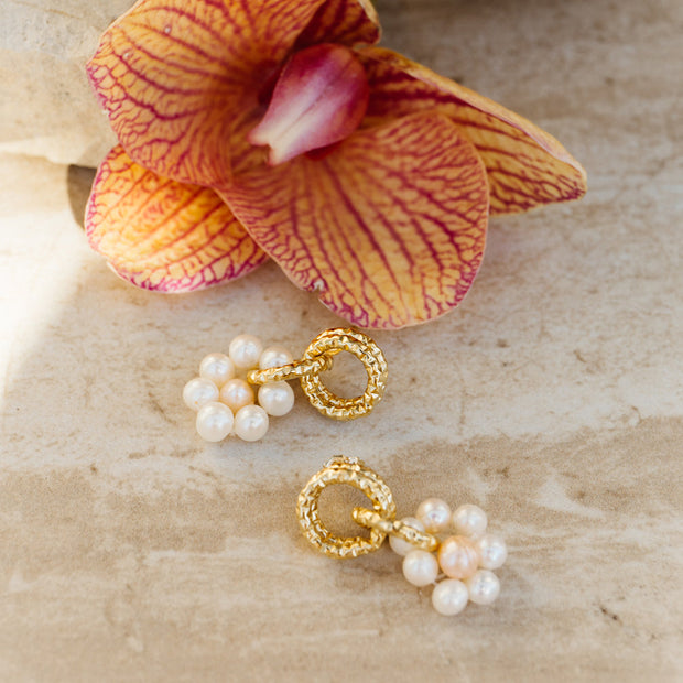 Yellow Gold Vermeil Hoop and Flower Pearl Earrings - "Drew"