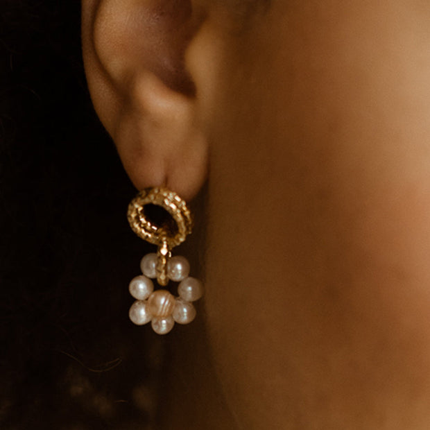 Yellow Gold Vermeil Hoop and Flower Pearl Earrings - "Drew"