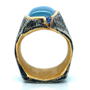 Elongated Aquamarine Cabochon & Sapphire Pleated Ring - "Celduin"