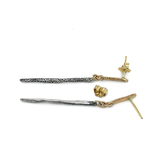 Sterling Silver & Yellow Gold Drop Earrings - "Long Spines"