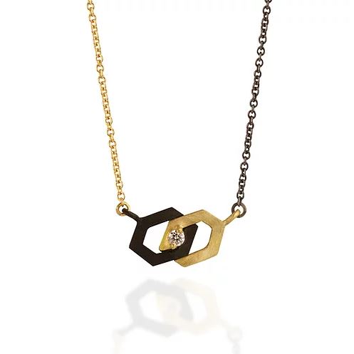 Yellow Gold and Oxidized Chrome Diamond Necklace - "Hex Interlock"