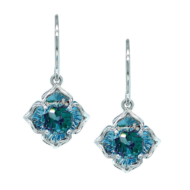 Inverted Blue Topaz Drop Earrings with Ruby & Emerald - "DavinChi"