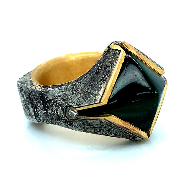 Green Tourmaline Sugarloaf & Diamond Domed Ring - "Glade"
