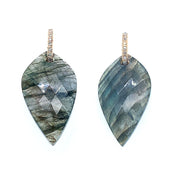 Cut with rose cut facets labradorite earrings have scintillating shades of grey & black.