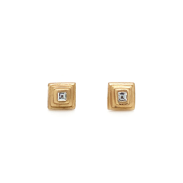 Yellow Gold & Diamond Stud Earrings - "Tiny Ziggurat"