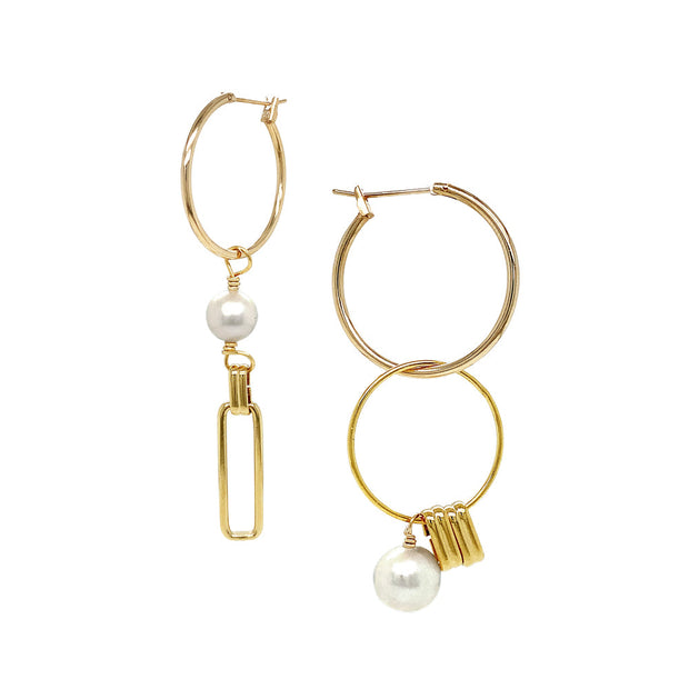 24K Yellow Gold Plated Asymmetrical Double Hoops and Pearl Earrings - "Kobe"
