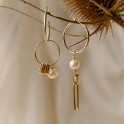 24K Yellow Gold Plated Asymmetrical Double Hoops and Pearl Earrings - "Kobe"