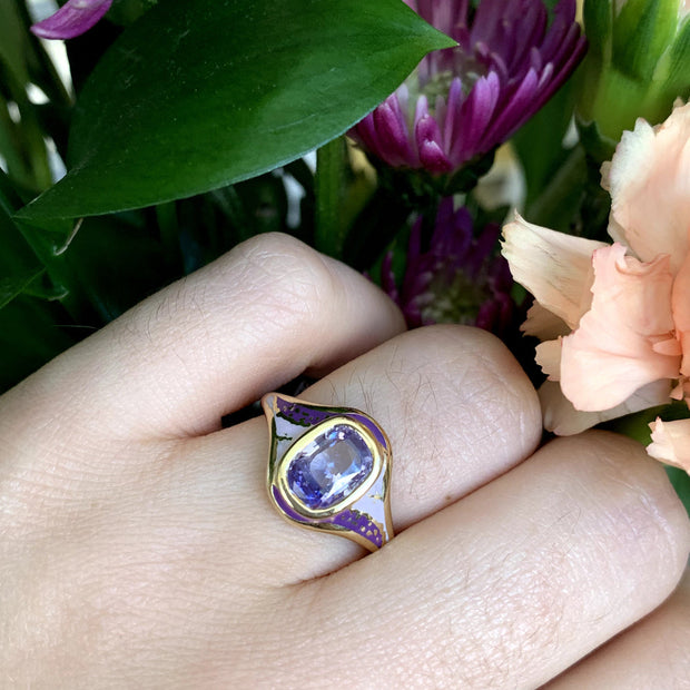 Purple Sapphire & Enamel Ring - "Purple Sgraffito Abstract"