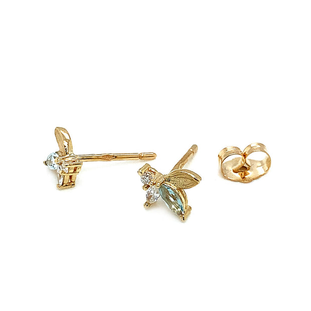 Gold Studs with Diamonds & Aquamarines - "Monet's Lily Petals"