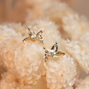 Gold Studs with Diamonds & Aquamarines - "Monet's Lily Petals"