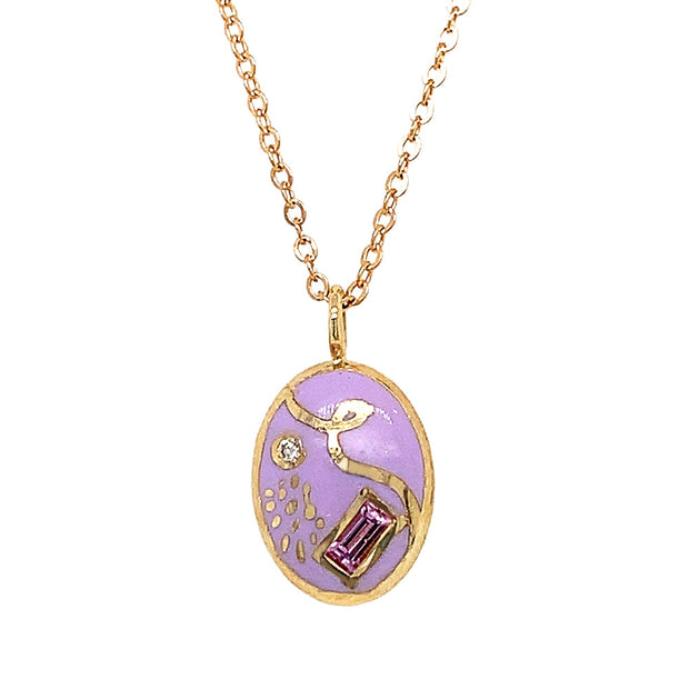 Purple Sapphire & Enamel Necklace - "Sgraffito Abstract"