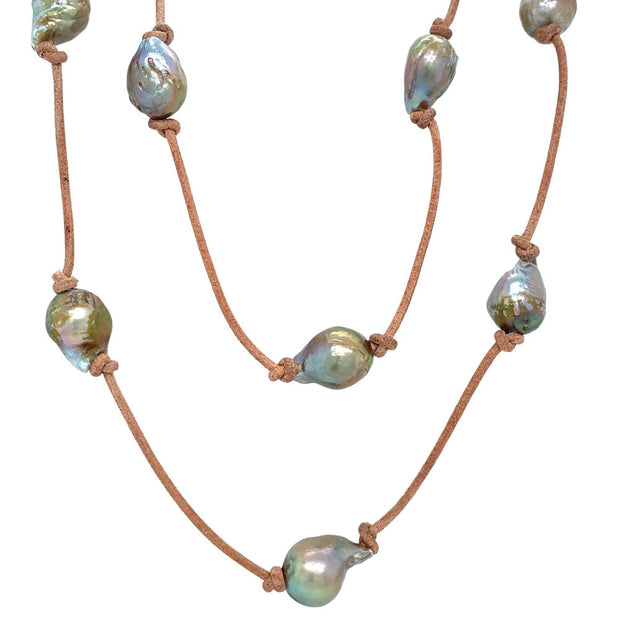 Leather and Edison Pearl Necklace - "Bronze Beauty"