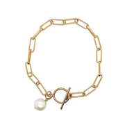 24K Yellow Gold Plated Link Bracelet with Single Pearl Accent - "Lisbon"
