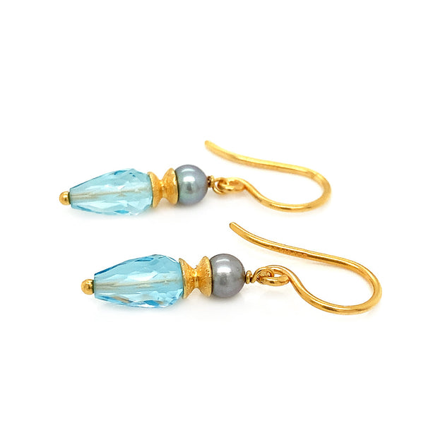 Grey Pearl & Blue Topaz Earrings - "Cloudy to Clear"