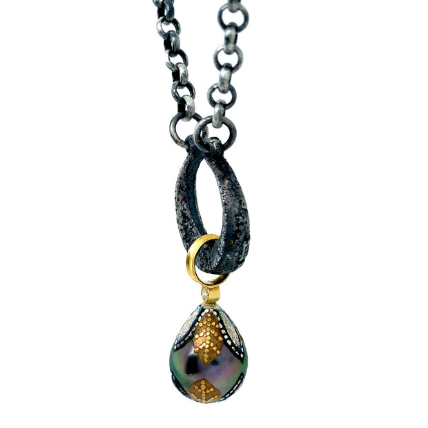 Maki-e Tahitian Pearl & Diamond Drop Necklace - "Mosaic"