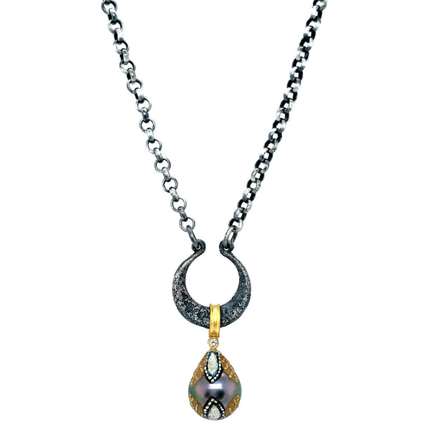 Maki-e Tahitian Pearl & Diamond Drop Necklace - "Mosaic"