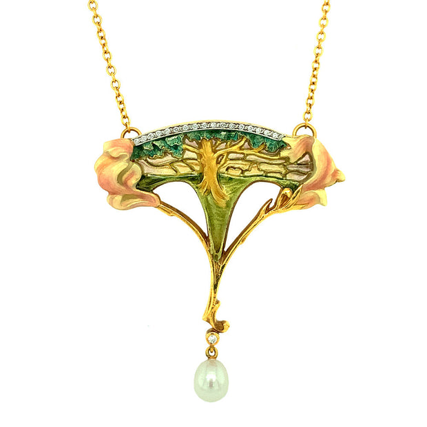  •	Very ornate plique-à-jour enamel tree of life pendant / broch. Crafted on 18 karat rich yellow gold with a dropped down Akoya pearl. 