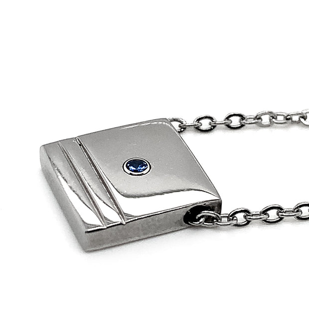 Stainless Steel Pendant with Montana Sapphire - "High Polish Square with Grooves"