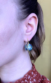 Yellow Gold and Fired Enamel Orb Earrings - "Blue Barcelona"