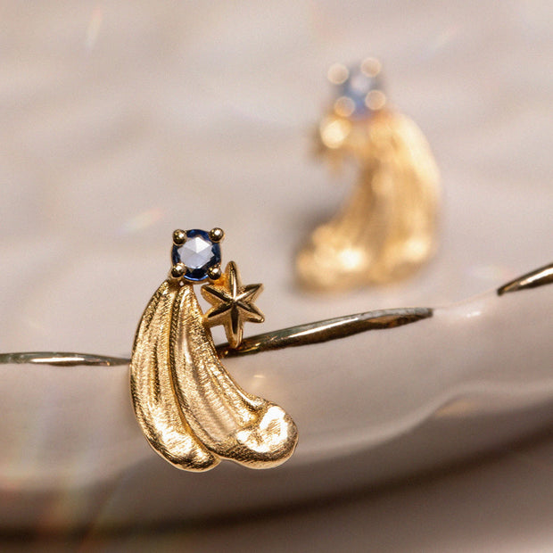 Single Yellow Gold and Blue Sapphire Earring - "Prussian Blue"