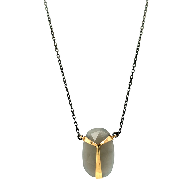 Grey Moonstone Gold & Silver Necklace - "Lucky Scarab"