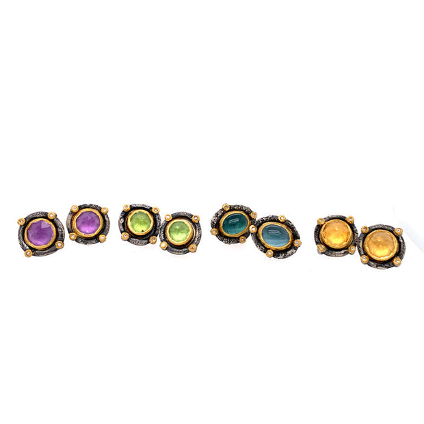four pairs of colored gemstone and diamond earrings in sterling silver  and 22 karat yellow gold