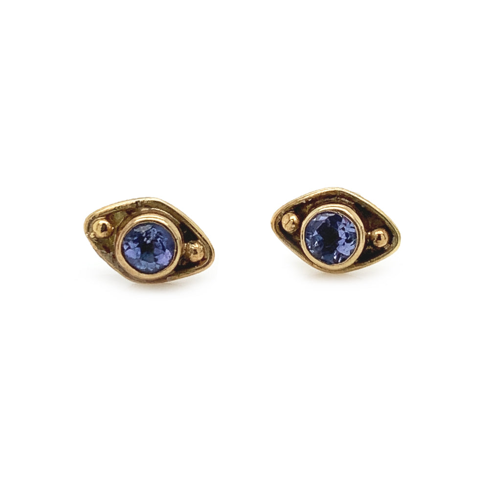 Purple Tanzanite and Yellow Gold Stud Earrings - 