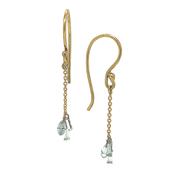18 karat yellow gold drop earrings showcasing (0.59 ctw) marquise diamonds combined with 4 tapered. The drop is 1 1/2” , crafted with classic French hook ear wires. 
