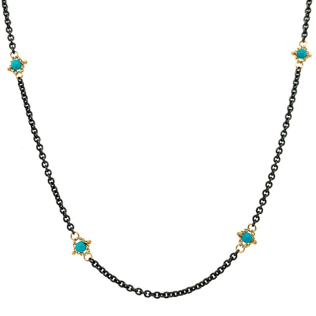 Gold & Oxidized Sterling Silver Turquoise Station Necklace - "Catalina Waters"