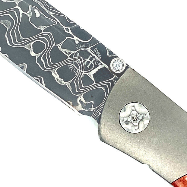 Damascus Steel, Titanium, Wood & Resin Hybrid Knife - "Red Shock"