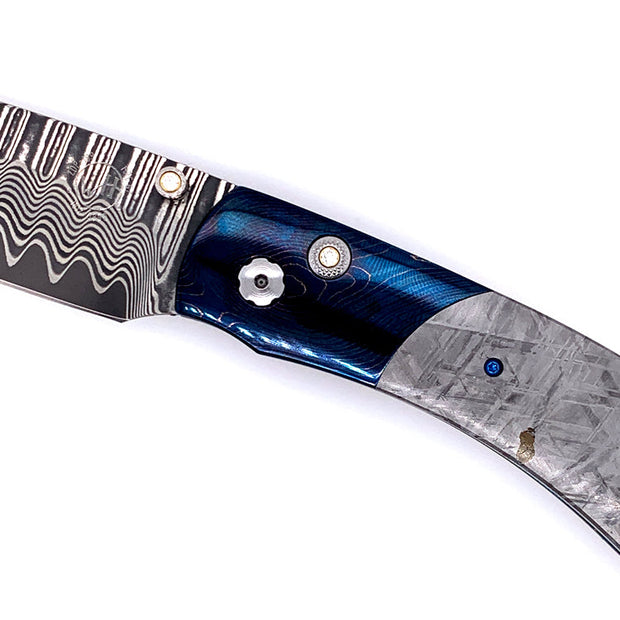 Detail View of Gibeon Meteorite and Damascus Steel Knife with Diamond thumb lock by William Henry