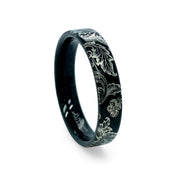 Floral Engraved Black Tungsten Ring