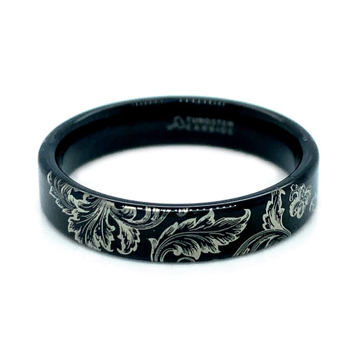 Floral Engraved Black Tungsten Ring