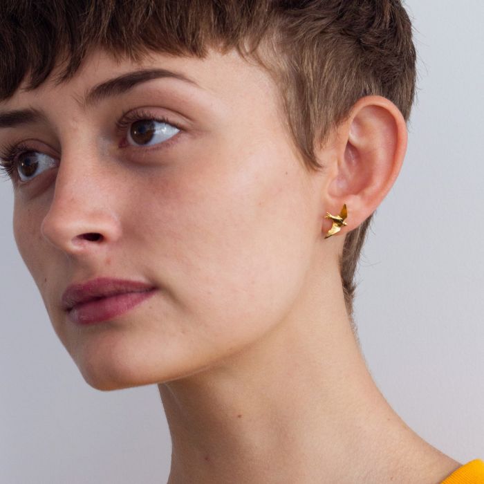 Gold Vermeil Stud Earrings - "Flying Swallows"