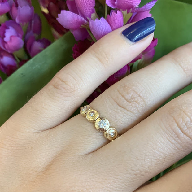 18K Yellow Gold Textured Diamond Ring - "Five Seed"