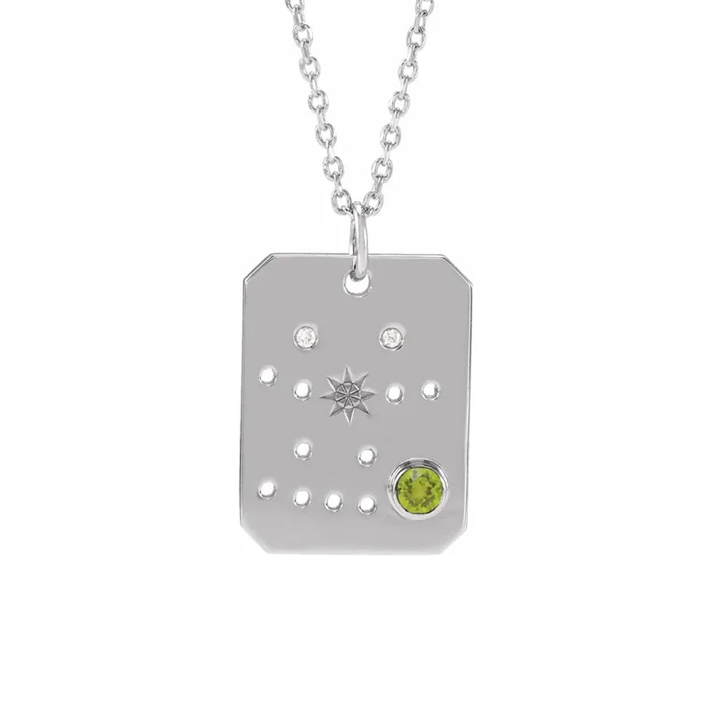 Gemini zodiac pendant necklace in sterling silver with natural diamonds and green peridot