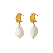 Gold Vermeil & Baroque Pearl Drop Earrings - "Bark Huggie"